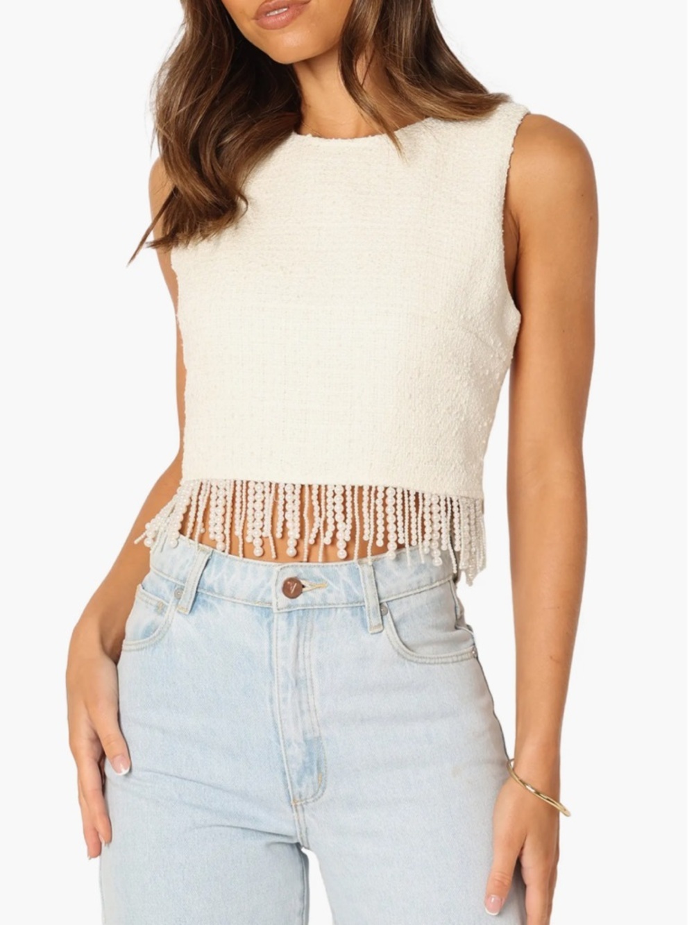 Petal & Pup Ivory Milana Tweed Bead Fringe Sleeveless Top